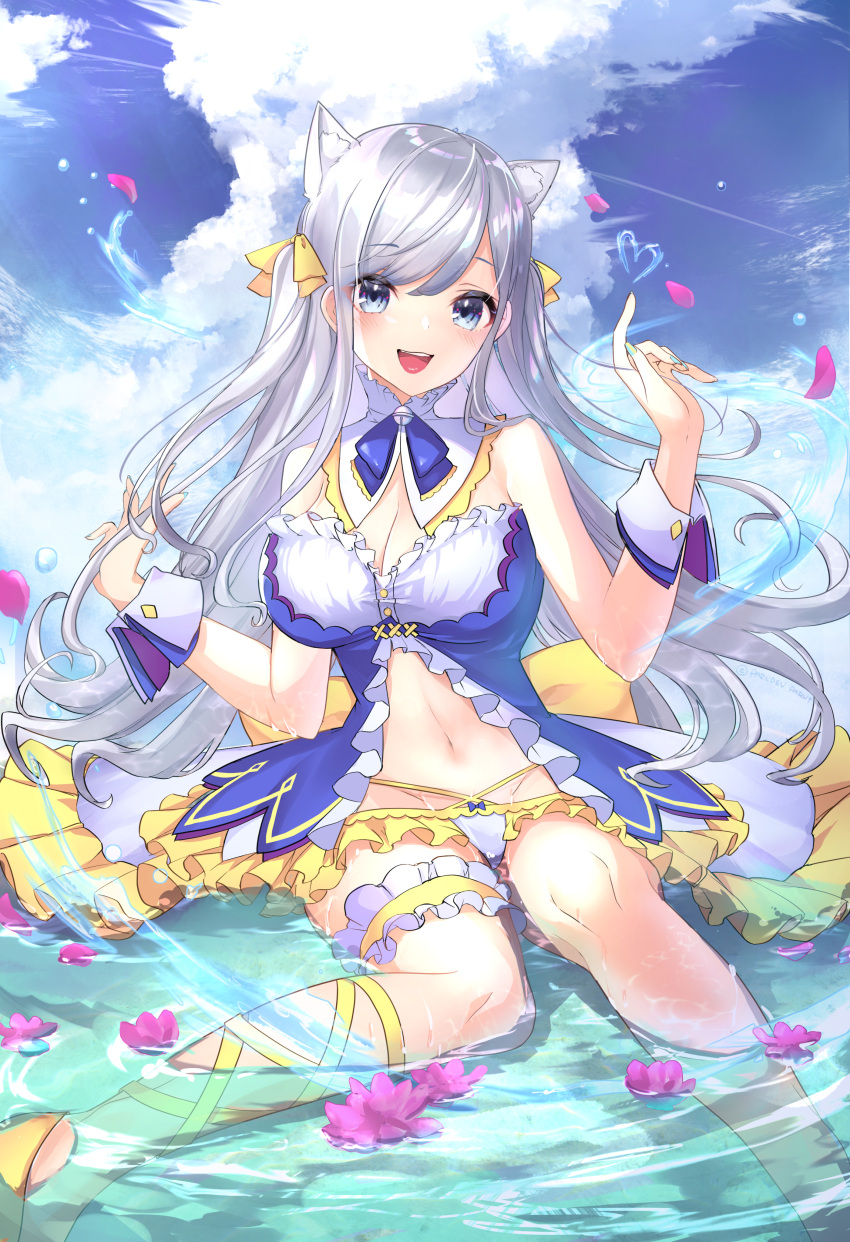 :d absurdres animal_ear_fluff animal_ears bell blush breasts bridal_garter cat_ears cleavage cloud day extra_ears falling_petals female flower_on_liquid foreshortening grey_hair hand_up heart highres jingle_bell leg_ribbon long_hair looking_at_viewer medium_breasts nail_polish navel neck_bell open_mouth original outdoors panties paru_(parucom) petals ribbon shadow shallow_water sitting sitting_on_water sky smile strapless teeth two_side_up underwear upper_teeth_only very_long_hair water wrist_cuffs yellow_footwear