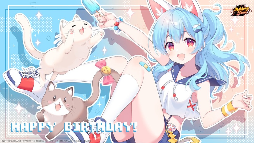 :3 animal animal_ears bandaid bandaid_on_knee bandaid_on_leg bell blue_hair bow bracelet cat_ears copyright_name copyright_notice english_commentary fake_animal_ears feline female food hair_ornament hairpin happy_birthday holding holding_food igarashi_haruna jewelry kusumoto_shizuru light_blue_hair logo looking_at_viewer mahjong_soul oerba_yun_fang official_art official_wallpaper pink_bow popsicle red_eyes shoes skin_fang smile sneakers sparkle sweatband