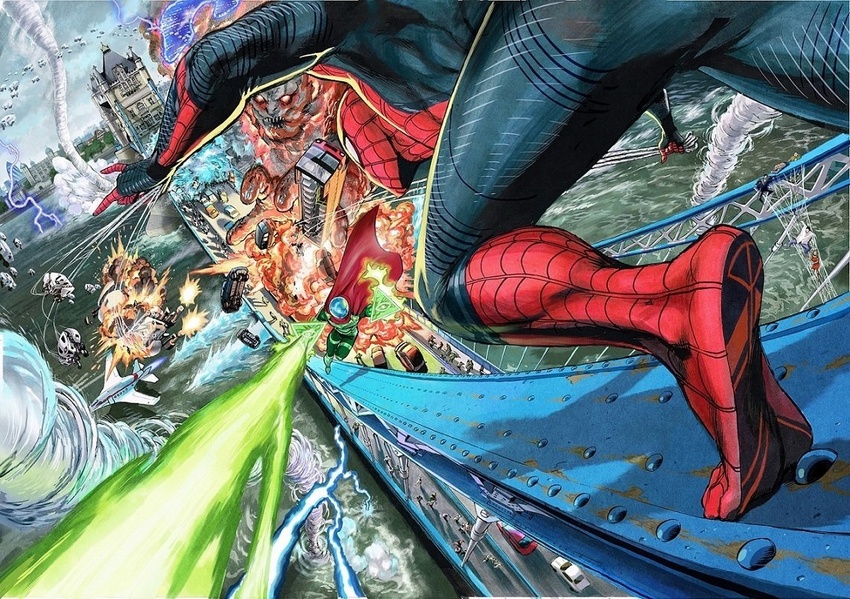 aircraft airplane battle beam bodysuit bridge cape car commentary destruction drone explosion fishbowl_helmet helmet lightning london marvel marvel_cinematic_universe mask motor_vehicle murata_yuusuke mysterio official_art silk spider-man spider-man:_far_from_home spider-man_(series) spider_web spider_web_print superhero_costume tiptoes tornado tower_bridge_(london) water