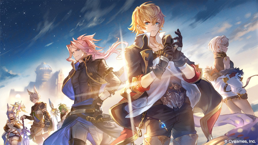 3boys 3girls adjusting_clothes adjusting_gloves animal_ears backlighting bandaged_arm bandages belt black_gloves black_jacket black_pants blonde_hair braid chains clothes_around_waist cloud commentary_request company_name cropped_jacket dark-skinned_female dark_skin diffraction_spikes erune feather_(granblue_fantasy) fiorito_(granblue_fantasy) frown fur-trimmed_jacket fur_trim gloves granblue_fantasy green_eyes green_hair hand_on_own_hip holding holding_staff jacket kolulu_(granblue_fantasy) long_hair looking_at_viewer multiple_boys multiple_girls observatory off_shoulder official_art outdoors pants parted_bangs pink_hair polearm ponytail popped_collar purple_hair randall_(granblue_fantasy) shirt short_hair sideways_glance smile spear staff star_(sky) sword tikoh troue_(granblue_fantasy) turtleneck weapon white_hair white_jacket white_shirt