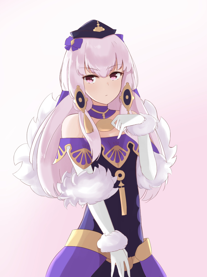 bare_shoulders black_dress black_hat chirun0 closed_mouth collar commentary dress elbow_gloves female fire_emblem fire_emblem:_three_houses fire_emblem_heroes fur_trim gloves hair_ornament hat highres long_hair lysithea_von_ordelia lysithea_von_ordelia_(a_new_future) official_alternate_costume pink_eyes purple_collar simple_background solo upper_body white_gloves white_hair