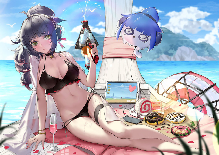 ahoge arknights arm_support artist_name balloon bare_legs barefoot beach bikini black_bikini blue_hair blue_sky blunt_bangs blurry blurry_background blurry_foreground blush bracelet breasts champagne_flute choker cloud cloudy_sky collarbone corrupted_metadata cup curly_hair day depth_of_field doughnut drinking_glass female food frilled_bikini frills full_body furrowed_brow green_eyes groin headphones high_ponytail horizon itoucon jessica_(arknights) jewelry leg_ribbon lens_flare long_hair looking_at_viewer lowleg lowleg_bikini medium_breasts multi-strapped_bikini nail_polish navel ocean outdoors parted_lips petals ponytail rainbow ribbon side-tie_bikini_bottom sitting skindentation sky solo stomach string_bikini swimsuit thigh_gap thigh_ribbon thigh_strap thighs water_gun weibo_watermark wet