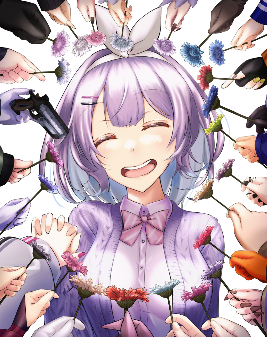 ^_^ absurdres akira_ray akutagawa_joo annotation_request apex_legends b3_wingman black_gloves blue_flower blue_hair bow bowtie character_request closed_eyes colored_inner_hair cpt_(crazy_raccoon) crazy_raccoon female flower gloves gun handgun head_tilt highres holding holding_flower holding_gun holding_hands holding_weapon hololive iris_black_games jewelry john_wick komori_met kurumi_noah kuzuha_(nijisanji) lee_roha multicolored_hair nanashi_inc. naraka_(nijisanji) nijisanji nijisanji_kr nishizono_chigusa nun_bora nun_bora_(2nd_costume) odd_one_out open_mouth orange_flower orange_gloves out_of_frame parody partially_annotated pink_bow pink_bowtie pink_flower purple_flower purple_gloves red_flower revolver ring school_uniform selly55 seto_miyako short_hair smile solo_focus tokoyami_towa v_ap_art virtual_youtuber vspo! weapon white_background yuuki_chihiro