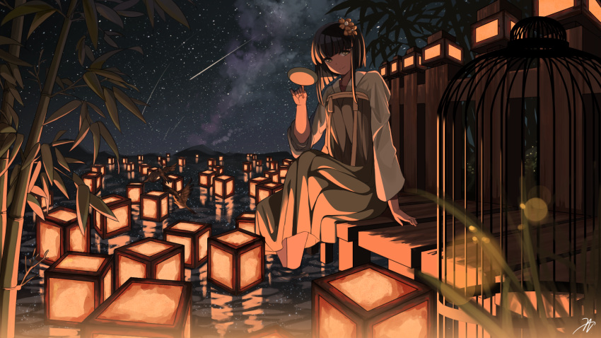 bamboo birdcage black_hair blunt_bangs cage chinese_clothes daqiao female flower hair_flower hair_ornament hanfu highres lantern lantern_on_liquid legend_of_the_three_kingdoms long_sleeves looking_at_viewer mountainous_horizon night night_sky outdoors paper_lantern phyntaxias pier railing river scenery shooting_star sitting sky soaking_feet star_(sky) water