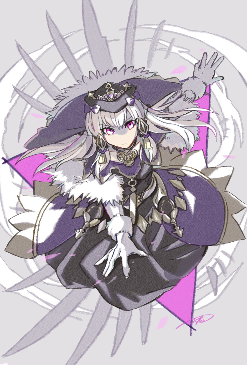 batoson54 black_dress black_hat closed_mouth collar commentary_request dress female fire_emblem fire_emblem:_three_houses fire_emblem_heroes fur_trim gloves hair_ornament hat highres long_hair lysithea_von_ordelia lysithea_von_ordelia_(a_new_future) official_alternate_costume pink_eyes purple_collar solo white_gloves white_hair