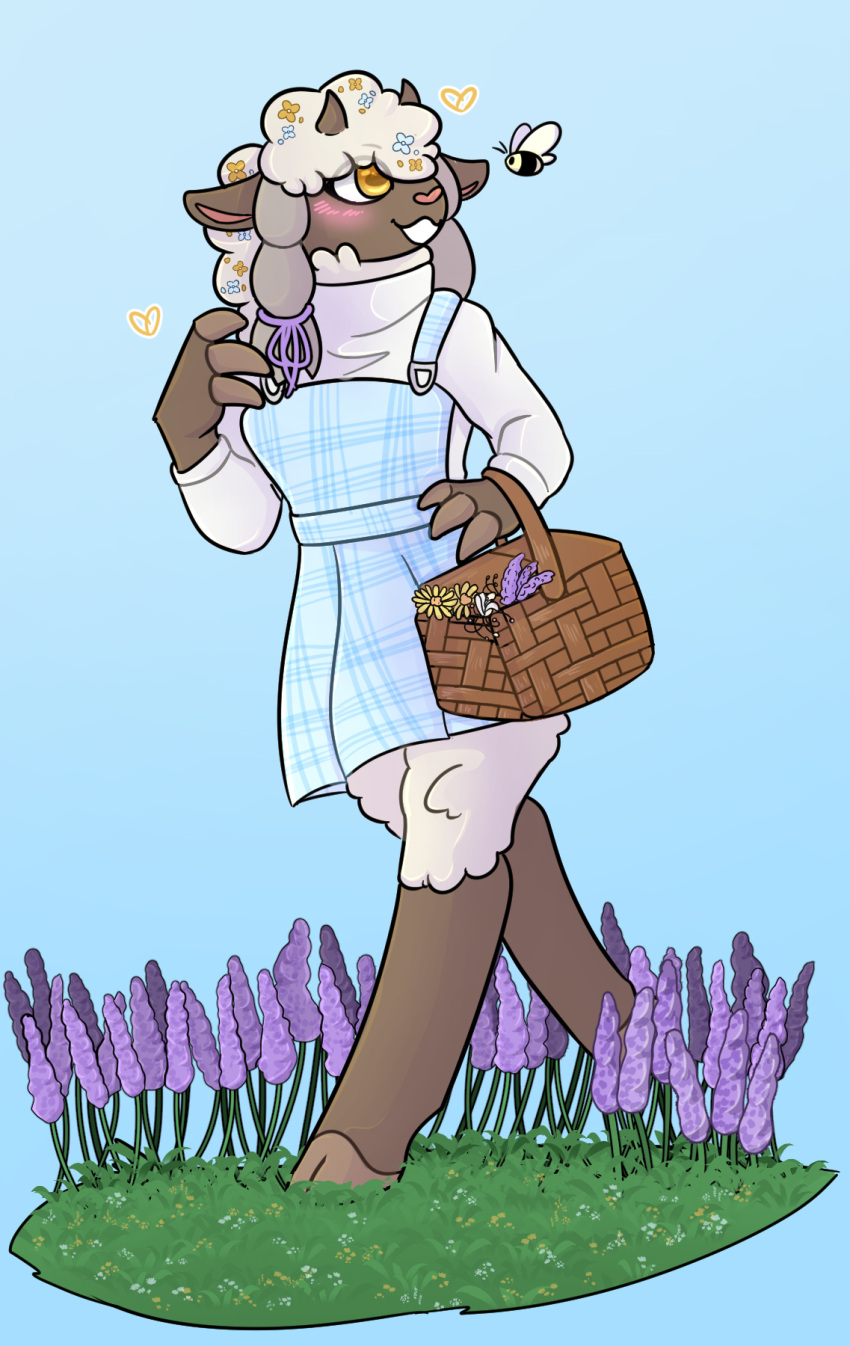 anthro arthropod basket bee bovid braided_hair caprine cherryraptor clothing container dress female flower generation_8_pokemon grass hair hi_res hymenopteran insects mammal nintendo penelope_(luftraptor) picking_flowers plant pokemon pokemon_(species) solo sundress sweater topwear wooloo