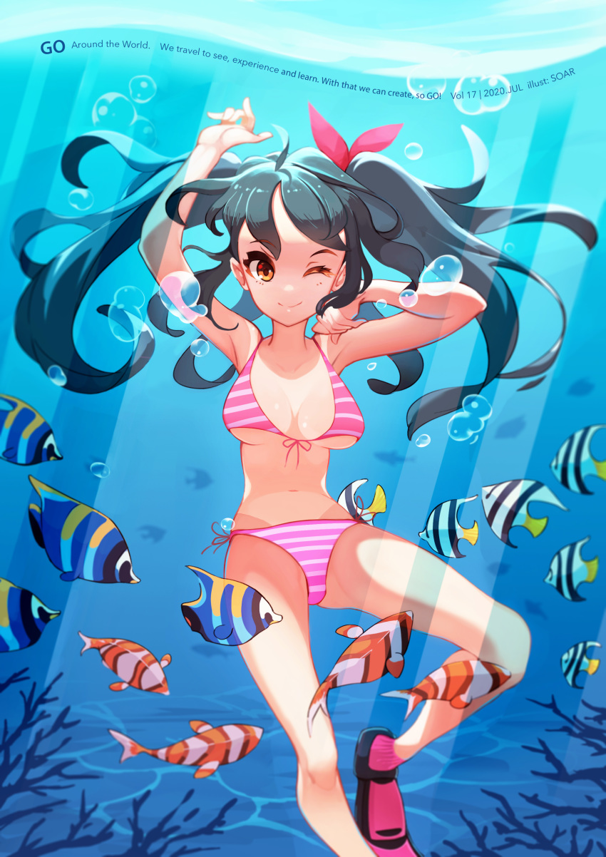 absurdres bikini black_hair bow breasts butterflyfish english_text engrish_text female fish flippers front-tie_top hairbow highres large_breasts navel one_eye_closed original photoshop_(medium) ranguage side-tie_bikini_bottom smile soar striped_bikini striped_clothes swimsuit tan tanlines tropical_fish twintails underwater yellow_eyes