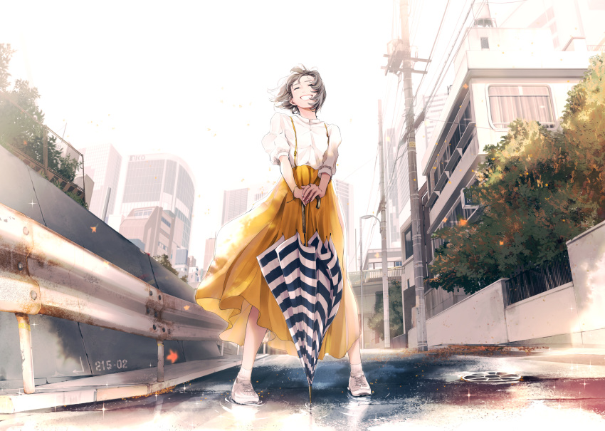 brown_hair building cityscape commentary_request female grin guard_rail highres legs_apart maeda_mic original plant road short_hair skirt sky smile solo sparkle standing street suspender_skirt suspenders umbrella utility_pole wet_ground white_sky wire