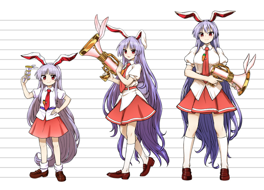 :3 absurdly_long_hair aged_down animal_ears breasts brown_footwear commentary eyes_visible_through_hair female flat_chest full_body height_chart highres itou_yuuji kneehighs large_breasts legs_apart long_hair looking_at_viewer lunatic_gun multiple_views necktie parted_lips puffy_short_sleeves puffy_sleeves purple_hair rabbit_ears rabbit_girl rabbit_tail red_eyes red_necktie red_skirt reisen_udongein_inaba shirt shoes short_sleeves simple_background skirt smile socks standing tail touhou very_long_hair white_background white_shirt white_socks wing_collar