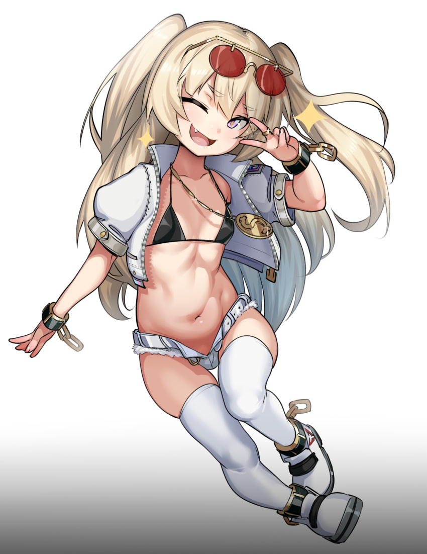 ;d azur_lane bache_(azur_lane) bache_(gorgeous_speed-star)_(azur_lane) bikini blaccura black_bikini bracelet breasts eyewear_on_head female hachimaki headband highres jewelry long_hair looking_at_viewer micro_shorts navel necklace no_shirt oerba_yun_fang one_eye_closed open_mouth purple_eyes ring shorts simple_background small_breasts smile solo sunglasses swimsuit thighhighs two_side_up white_background white_thighhighs