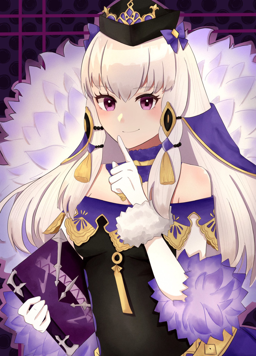 bare_shoulders black_dress black_hat book closed_mouth collar commentary dress female finger_to_mouth fire_emblem fire_emblem:_three_houses fire_emblem_heroes fur_trim gloves hair_ornament hat highres holding holding_book index_finger_raised long_hair lysithea_von_ordelia lysithea_von_ordelia_(a_new_future) official_alternate_costume otokajife pink_eyes protected_link purple_collar smile solo upper_body white_gloves white_hair