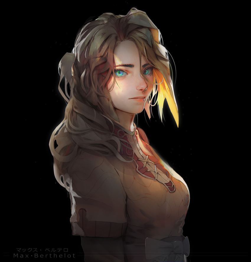 aqua_eyes artist_name backlighting black_background blonde_hair blue_eyes breasts brown_hair claudia_strife commentary cross-laced_clothes dark_background english_commentary female final_fantasy final_fantasy_vii from_side hair_between_eyes highres long_hair looking_to_the_side makushiro parted_lips short_sleeves solo upper_body