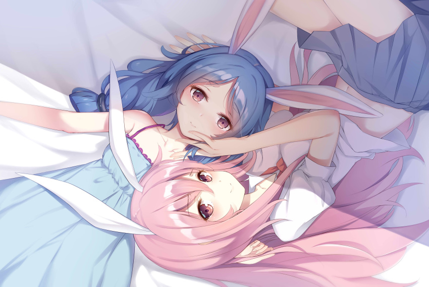 2girls absurdres animal_ears bare_arms bare_shoulders bed_sheet blue_dress blue_hair closed_mouth dress grey_skirt highres light_smile long_hair looking_at_viewer lying miniskirt multiple_girls muyue navel necktie on_back pink_hair puffy_short_sleeves puffy_sleeves rabbit_ears red_eyes red_necktie reisen_udongein_inaba seiran_(touhou) shirt short_sleeves skirt sleeveless sleeveless_dress touhou white_shirt