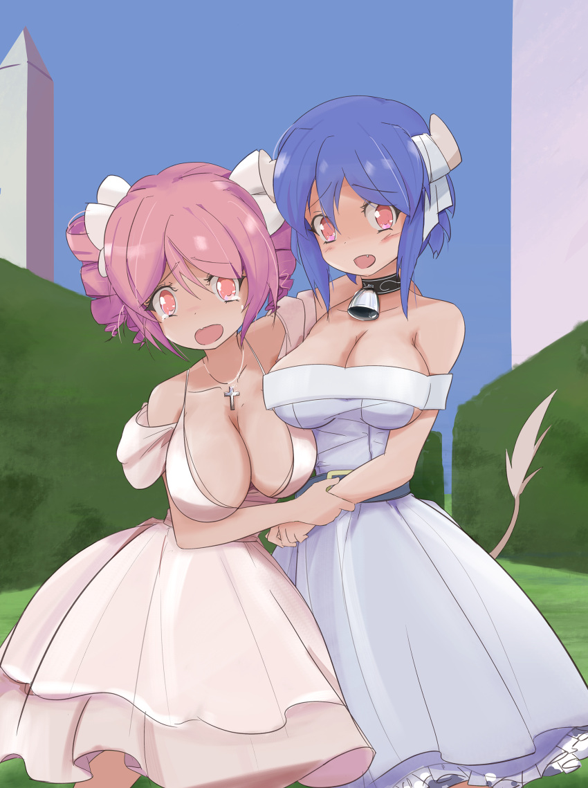 2girls absurdres archived_source arm_around_shoulder arm_grab bare_shoulders bell belt blue_dress blue_hair blue_sky blush breasts cleavage commentary cow_horns cow_tail cross cross_necklace day dress english_commentary hair_ribbon hedge highres horn_ornament horn_ribbon horns jashin-chan_dropkick jewelry large_breasts looking_at_viewer minos_(jashin-chan_dropkick) minos_drawfag multiple_girls neck_bell necklace obelisk oerba_yun_fang open_mouth outdoors pink_eyes pink_hair pino_(jashin-chan_dropkick) ribbon sky tail tearing_up tears white_dress white_ribbon yuri