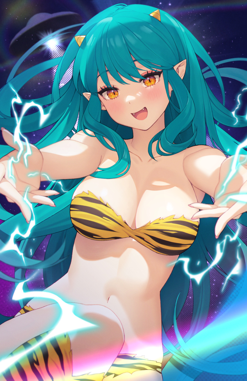 absurdres animal_print bikini breasts commentary cone_horns electricity electrokinesis fangs female green_hair highres horns large_breasts looking_at_viewer lum navel oni open_mouth orange_eyes outstretched_arms pointy_ears print_bikini print_footwear sidelocks solo strapless strapless_bikini swimsuit tiger_print urusei_yatsura yeije yellow_bikini