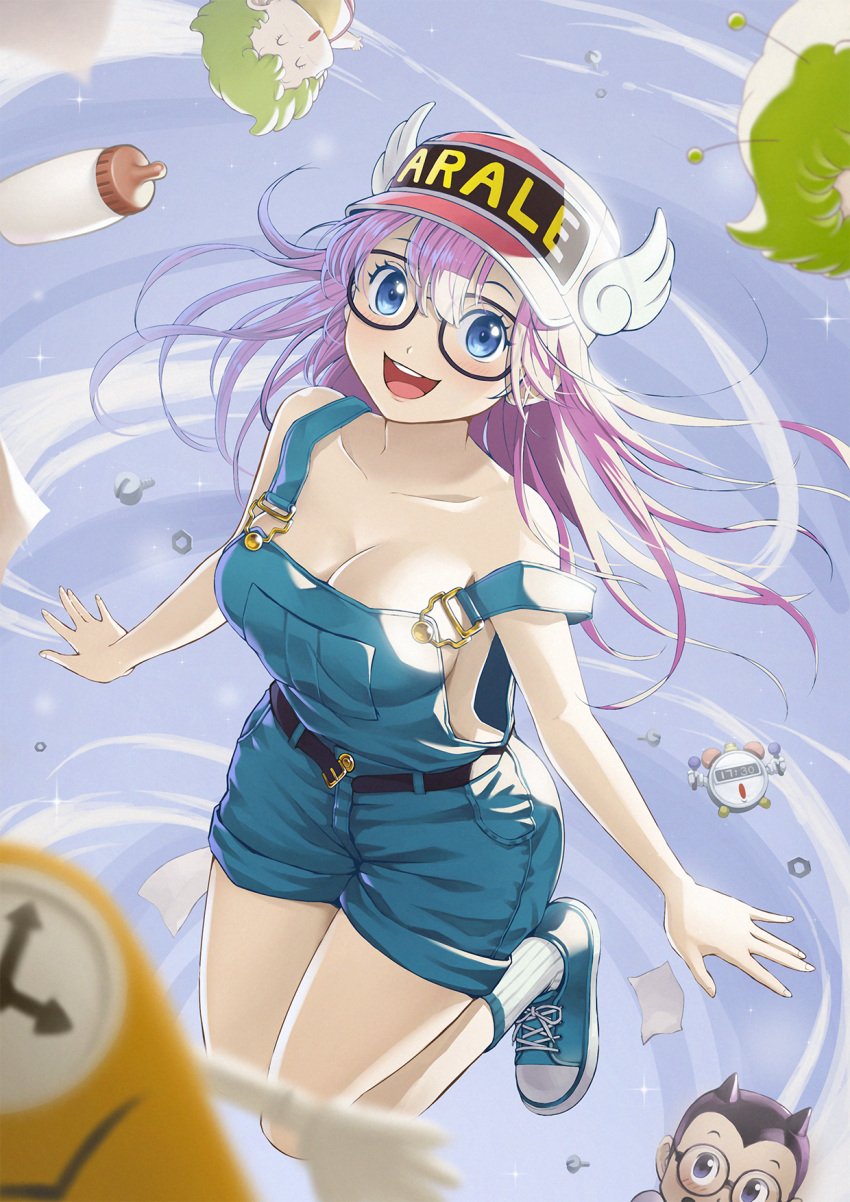 1boy 2others :d aged_up antennae baby_bottle bare_arms bare_shoulders baseball_cap black-framed_eyewear blue_eyes blue_footwear blush bottle breasts character_name cleavage clothes_writing collarbone commentary dr._slump female glasses hat highres jchoy looking_at_viewer medium_breasts multiple_others norimaki_arale norimaki_gajira obotchaman overall_shorts overalls pink_hair red_headwear ribbed_legwear shoes smile socks strap_slip teeth upper_teeth_only white_legwear