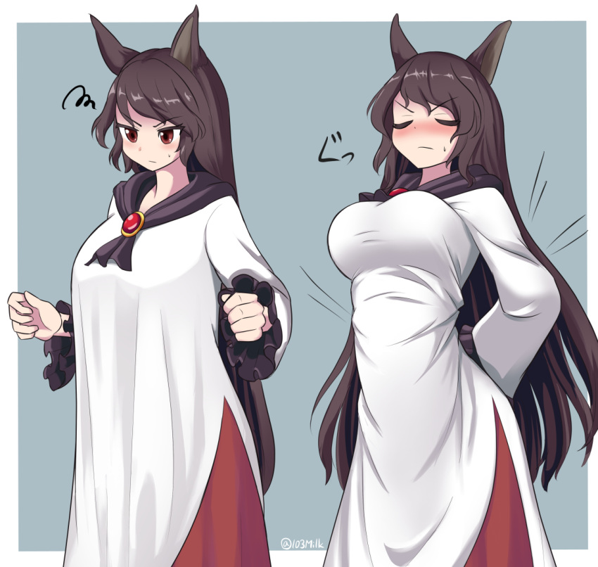 animal_ears blush breasts brown_hair closed_eyes closed_mouth commentary_request cowboy_shot dress female frilled_sleeves frills igu_(103milk) imaizumi_kagerou jewelry large_breasts long_hair long_sleeves multiple_views pendant sweat sweatdrop taut_clothes touhou twitter_username v-shaped_eyebrows very_long_hair white_dress wolf_ears