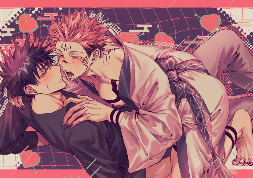 2boys absurdres azukiharuta_ju barefoot black_hair black_sweater blush extra_eyes facial_tattoo fushiguro_megumi hands_on_another's_shoulder highres jujutsu_kaisen long_sleeves male_focus multiple_boys nipples open_mouth pectorals pink_hair red_eyes robe ryoumen_sukuna_(jujutsu_kaisen) sharp_teeth short_hair sweatdrop sweater tattoo teeth undercut white_robe yaoi