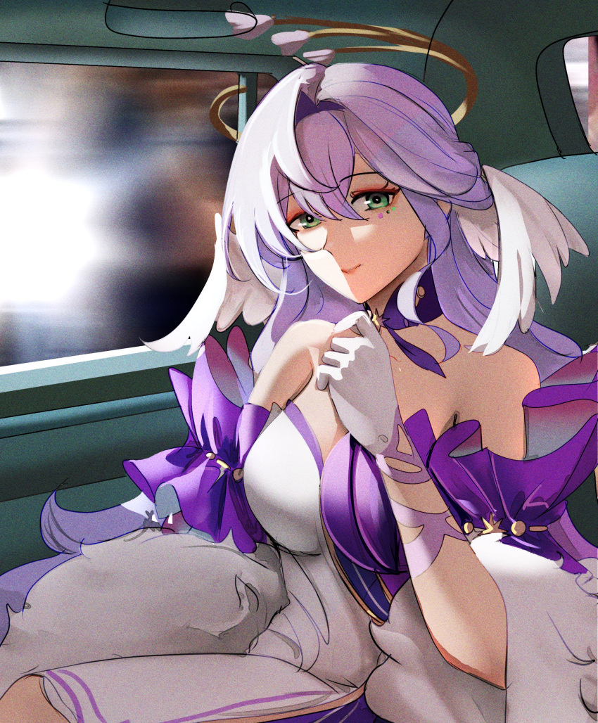 absurdres bare_shoulders breasts car_interior choker detached_sleeves dress female gloves green_eyes hair_intakes head_wings highres honkai:_star_rail honkai_(series) large_breasts long_hair looking_at_viewer notgustiarp purple_choker purple_hair robin_(honkai:_star_rail) short_sleeves sitting smile solo strapless strapless_dress very_long_hair white_gloves wings