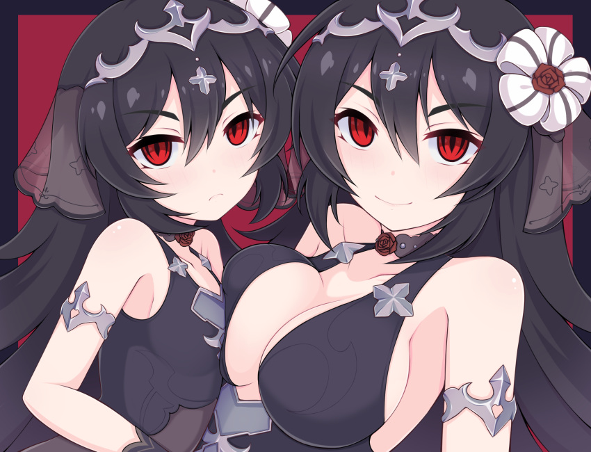 2girls :< asymmetrical_docking bare_shoulders black_gloves black_hair black_veil breast_press breasts choker cleavage closed_mouth commentary_request cross dual_persona frown gloves highres illya_(ceremonial)_(princess_connect!) illya_(princess_connect!) illya_(small)_(princess_connect!) kuroha_koudai large_breasts long_hair looking_at_viewer multiple_girls official_alternate_costume princess_connect! red_background red_eyes small_breasts smile tiara veil