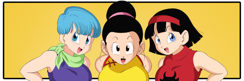 3girls background big_breasts black_hair blue_hair bulma_briefs chichi chichi_(majin_buu_saga) dragon_ball dragon_ball_super dragon_ball_z female_only hair_bun only_female red_shirt short_hair solid_color_background videl videl_(dragon_ball_super) videl_(short_hair)