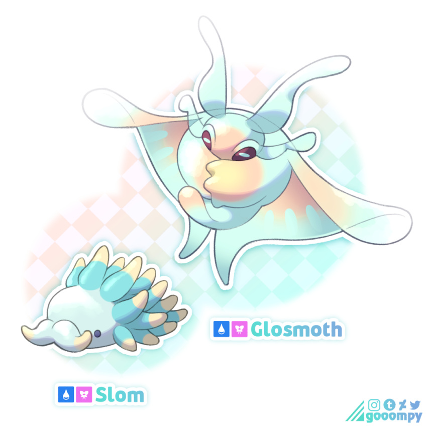 1:1 ambiguous_gender antennae_(anatomy) aquatic_gastropod beady_eyes convergent_fakemon fakemon feral frosmoth gastropod generation_8_pokemon gooompy horizontal_pupils legless marine mollusk nintendo nudibranch pokemon pokemon_(species) pseudo_mustache pupils sea_slug simple_background slug snom text