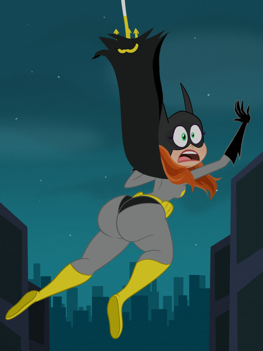 ass barbara_gordon batgirl black_cape black_gloves bodysuit breasts cape dc_comics dc_super_hero_girls female full_body gloves green_eyes grey_bodysuit highres huge_ass lauren_faust_(style) lips long_hair night official_style open_mouth orange_hair outdoors sb99doodles small_breasts solo superhero_costume wide-eyed yellow_footwear