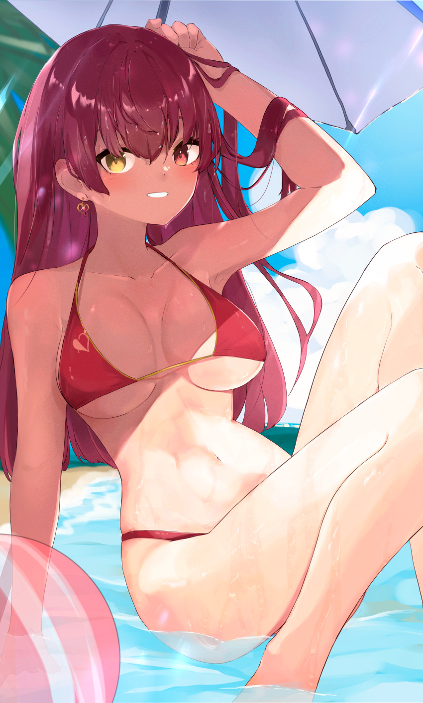 absurdres bare_shoulders beach bikini blush breasts chankuro cleavage female heterochromia highres hololive hololive_fantasy houshou_marine large_breasts long_hair looking_at_viewer red_eyes red_hair smile solo swimsuit thighs twintails virtual_youtuber water yellow_eyes