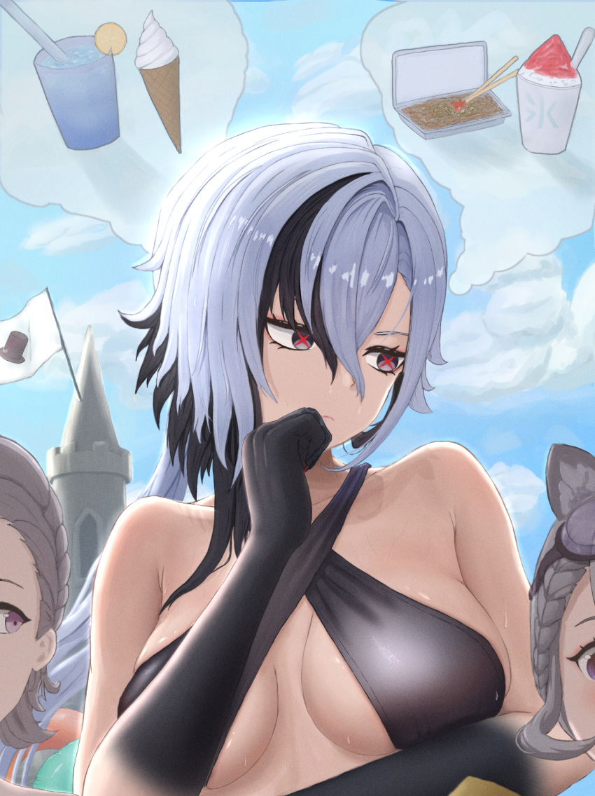 1boy 2girls arlecchino_(genshin_impact) bare_shoulders bikini black_bikini black_hair blue_sky breasts brother_and_sister day food genshin_impact grey_hair highres ice_cream large_breasts lynette_(genshin_impact) lyney_(genshin_impact) multicolored_hair multiple_girls outdoors reitamago shaved_ice siblings sky streaked_hair swimsuit symbol-shaped_pupils upper_body white_hair x-shaped_pupils