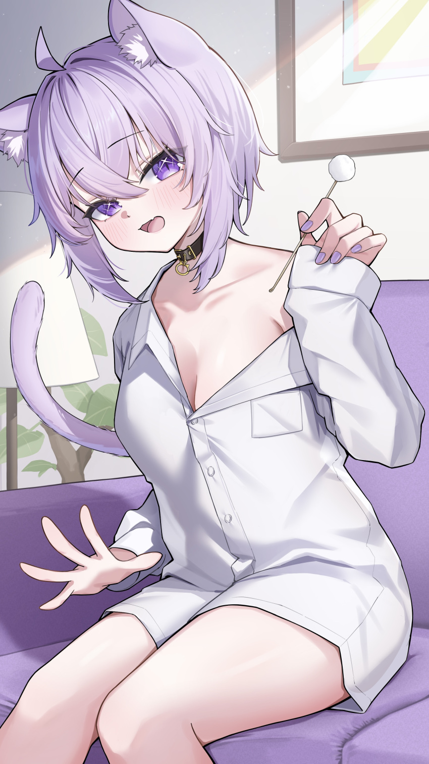 :d absurdres ahoge ai_(u_e_o_o) animal_collar animal_ear_fluff animal_ears blush breast_pocket breasts cat_ears cat_girl cat_tail cleavage collar collared_shirt commentary_request cotton_swab couch crossed_bangs dress_shirt female hair_between_eyes hand_up highres holding_cotton_swab hololive indoors knees_together_feet_apart lap_pillow_invitation large_breasts long_sleeves looking_at_viewer medium_hair nail_polish naked_shirt nekomata_okayu nekomata_okayu_(oversized_shirt) oerba_yun_fang on_couch oversized_clothes oversized_shirt pocket purple_eyes purple_hair purple_nails shirt single_off_shoulder sitting skin_fang sleeves_past_wrists smile solo tail virtual_youtuber white_shirt