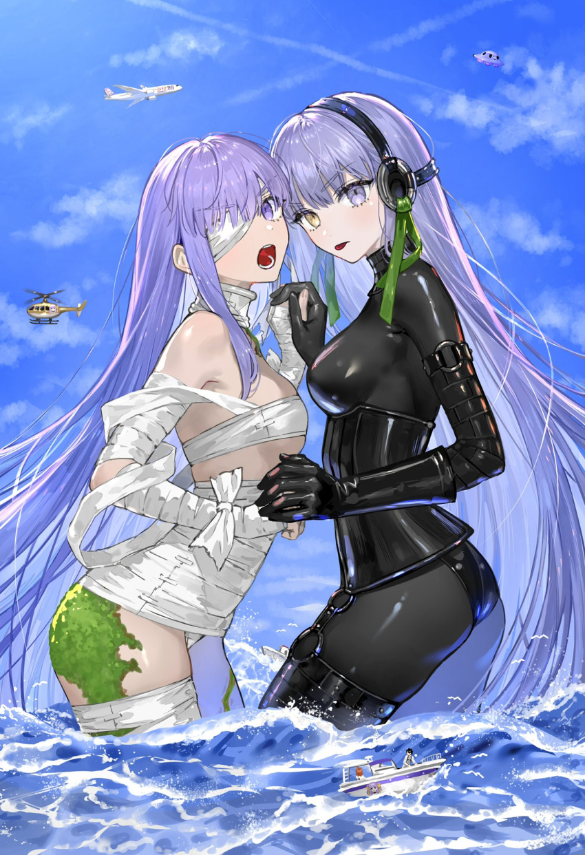 1boy 3girls aircraft bandage_over_one_eye bandaged_arm bandaged_head bandaged_leg bandages bb_(fate) bb_dubai_(fate) black_bodysuit blue_sky boat bodysuit breasts fate/extra fate/extra_ccc fate/grand_order fate_(series) fujimaru_ritsuka_(female) fujimaru_ritsuka_(female)_(decisive_battle_chaldea_uniform) fujimaru_ritsuka_(male) fujimaru_ritsuka_(male)_(decisive_battle_chaldea_uniform) giant giantess gimp_suit gloves green_ribbons helicopter heterochromia highres kingprotea_(fate) large_breasts latex latex_bodysuit long_hair looking_at_viewer moss multiple_girls naked_bandage nipi27 ocean on_boat open_mouth outdoors purple_eyes purple_hair revision ribbon sky ufo very_long_hair watercraft xochitonal_(fate) yellow_eyes