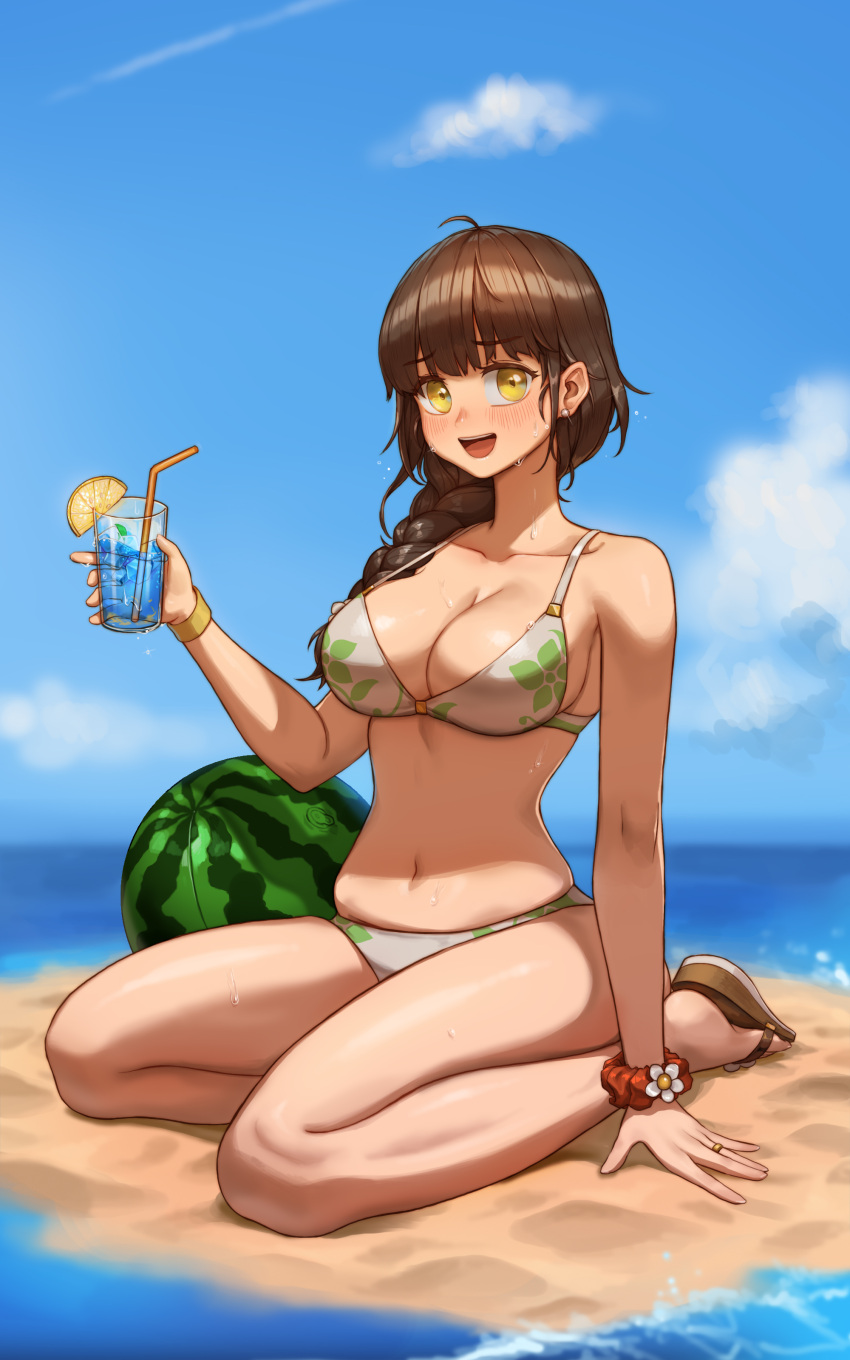 :d absurdres ball beach beachball bikini blue_hawaii blue_sky blush braid braided_ponytail breasts brown_hair cloud day drink drinking_straw earrings female floral_print green_bikini hair_over_shoulder highres holding holding_drink ice ice_cube jewelry large_breasts long_hair looking_at_viewer mistcastle navel ocean original outdoors red_scrunchie sand scrunchie sitting skindentation sky slippers smile solo stomach strap_gap stud_earrings sweat swimsuit thighs tropical_drink two-tone_bikini water watermelon_beachball white_bikini wrist_scrunchie yellow_eyes yellow_wristband