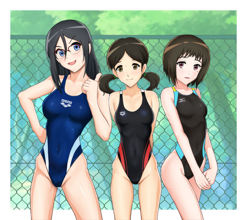 3girls black_eyes black_hair black_one-piece_swimsuit blue_eyes blue_one-piece_swimsuit brown_eyes chain-link_fence commentary_request commission competition_swimsuit covered_navel ehou_mangan fence glasses groin hair_between_eyes hibike!_euphonium long_hair low_twintails multiple_girls nakaseko_kaori ogasawara_haruka one-piece_swimsuit short_hair skeb_commission swimsuit tanaka_asuka twintails two-tone_swimsuit