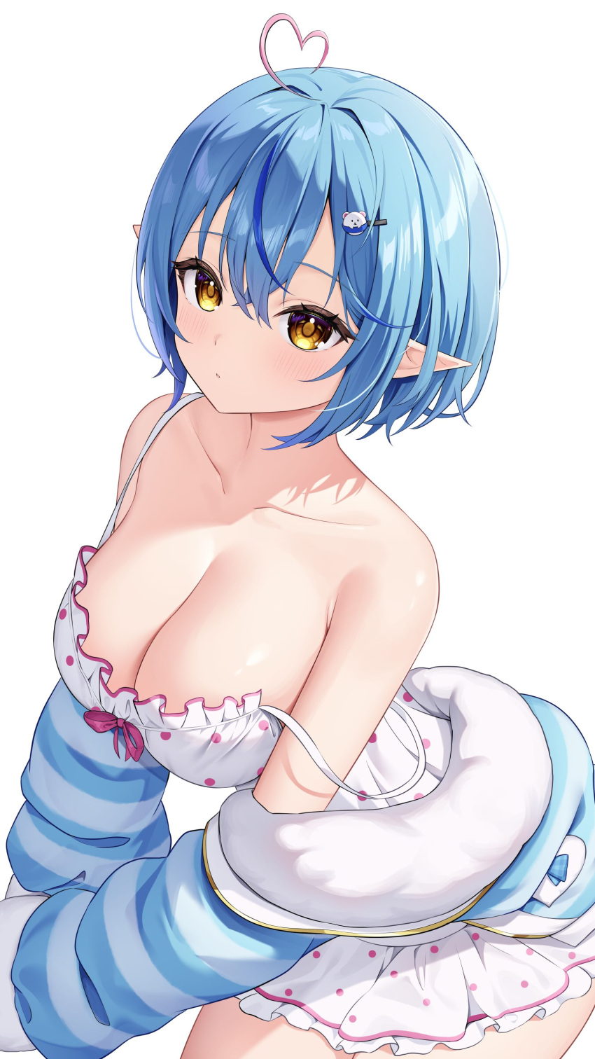 absurdres ahoge blue_hair blue_jacket bob_cut breasts camisole character_hair_ornament cleavage crossed_bangs daifuku_(yukihana_lamy) double-parted_bangs female frilled_camisole frilled_skirt frills fur-trimmed_jacket fur_trim hair_between_eyes hair_ornament hairclip heart heart_ahoge highres hololive jacket jacket_partially_removed kag_tsukimi large_breasts looking_at_viewer miniskirt multicolored_hair official_alternate_costume official_alternate_hair_length official_alternate_hairstyle open_clothes open_jacket pointy_ears polka_dot polka_dot_camisole polka_dot_skirt short_hair simple_background skirt solo strap_slip streaked_hair virtual_youtuber white_background white_camisole white_skirt yellow_eyes yukihana_lamy yukihana_lamy_(loungewear)