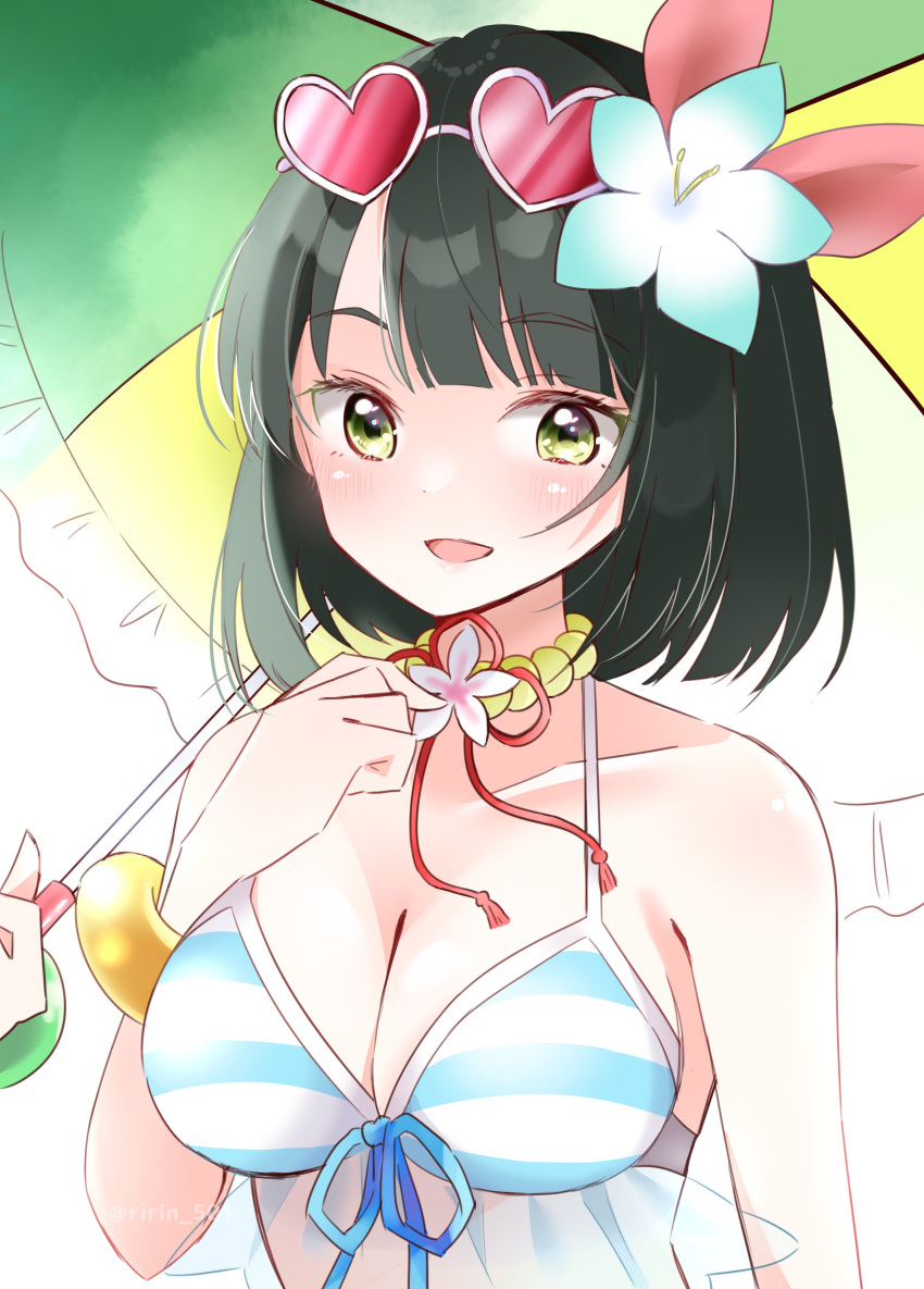 :d absurdres beach_umbrella bikini black_hair blue_bikini blue_flower blunt_bangs blunt_ends blush bracelet breasts cleavage collarbone commentary_request cosplay eyewear_on_head female flower green_eyes hair_flower hair_ornament highres holding holding_umbrella jewelry link!_like!_love_live! looking_at_viewer love_live! love_live!_school_idol_project medium_breasts medium_hair momose_ginko natsuiro_egao_de_1_2_jump! nishikino_maki nishikino_maki_(cosplay) out_of_frame pink-tinted_eyewear ririn_(ririn_501) smile solo_focus striped_bikini striped_clothes sunglasses swimsuit tinted_eyewear umbrella upper_body virtual_youtuber white-framed_eyewear