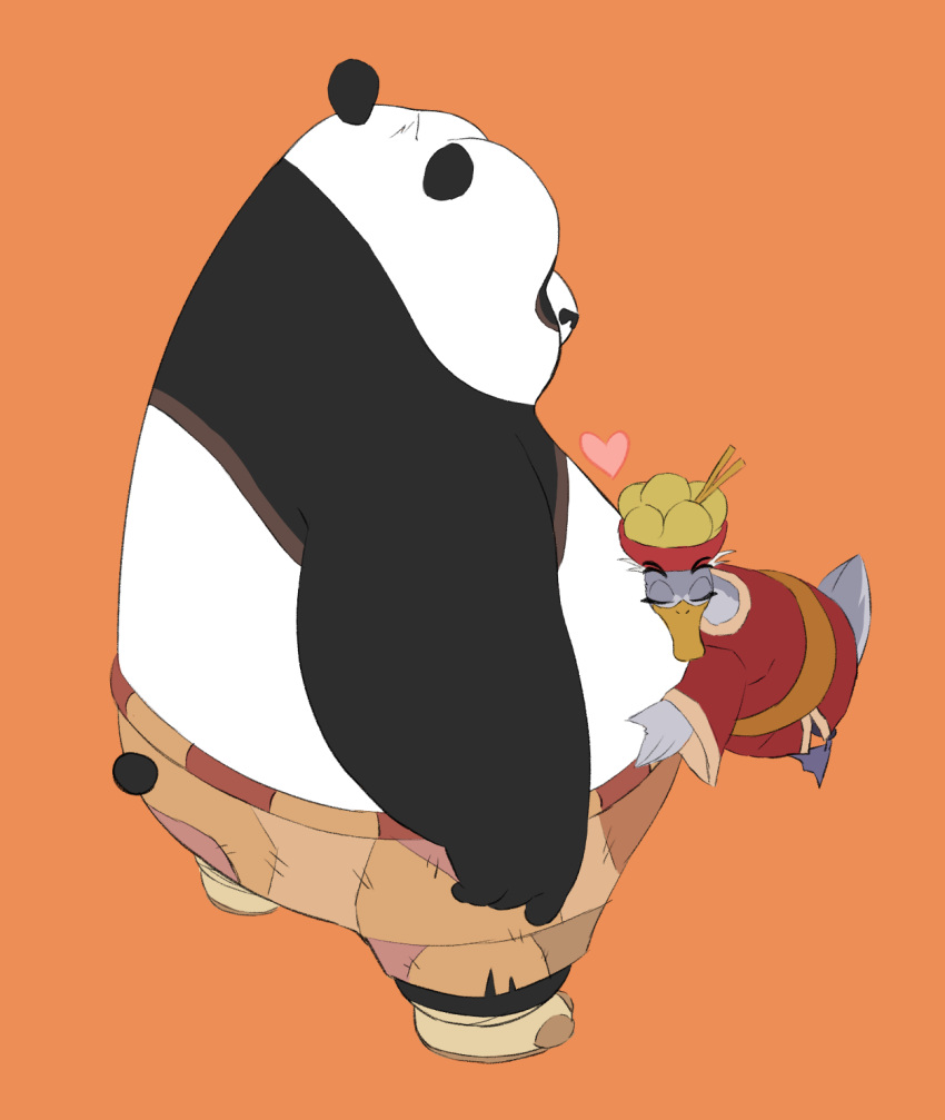 anatid anseriform anserinae avian beak bear belly belly_worship big_belly bird clothing dreamworks duo fur giant_panda goose heart_symbol hi_res hug hypnokoo invalid_tag kung_fu_panda male mammal master_po_ping mr._ping overweight overweight_male tail