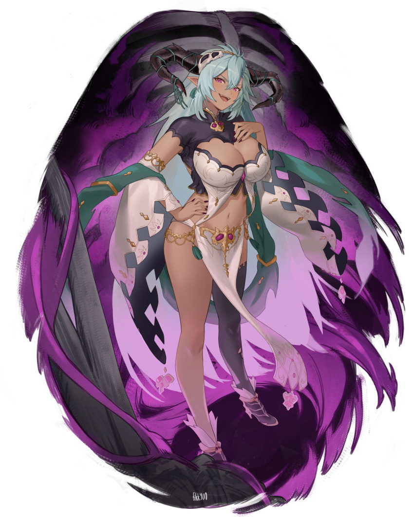 black_horns breasts cleavage dark-skinned_female dark_skin detached_sleeves dragon_horns draph fangs fediel_(granblue_fantasy) female fikkyun full_body granblue_fantasy grey_hair hair_between_eyes hair_ornament highres horn_ornament horn_ribbon horns large_breasts long_hair navel open_mouth pointy_ears purple_eyes ribbon single_thighhigh skull_hair_ornament smile solo tall_female thighhighs very_long_hair