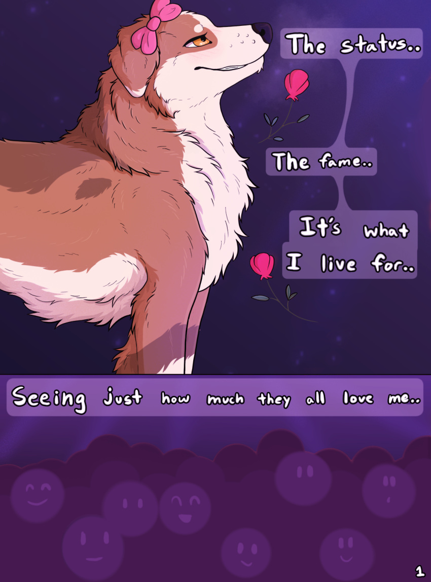 australian_shepherd bow_tie breath canid canine canis crowd dialogue domestic_dog female feral fluffy group happy herding_dog hi_res mammal mey_(parooty) neck_tuft orange_eyes parooty pastoral_dog sheepdog side_view smile solo speech_bubble stage tuft