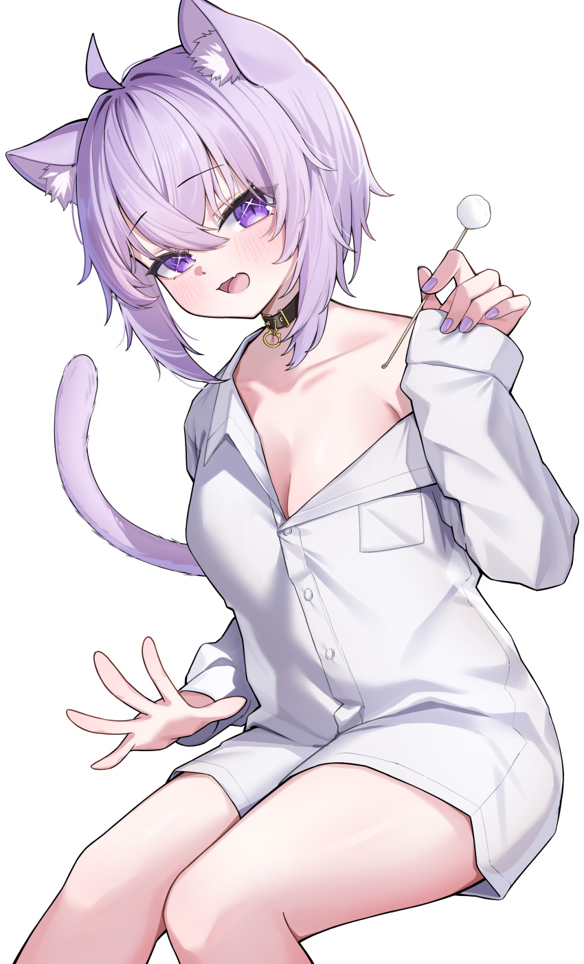 :d absurdres ahoge ai_(u_e_o_o) animal_collar animal_ear_fluff animal_ears blush breast_pocket breasts cat_ears cat_girl cat_tail cleavage collar collared_shirt commentary_request cotton_swab couch crossed_bangs dress_shirt female hair_between_eyes hand_up highres holding_cotton_swab hololive knees_together_feet_apart lap_pillow_invitation large_breasts long_sleeves looking_at_viewer medium_hair nail_polish naked_shirt nekomata_okayu nekomata_okayu_(oversized_shirt) oerba_yun_fang oversized_clothes oversized_shirt pocket purple_eyes purple_hair purple_nails shirt simple_background single_off_shoulder sitting skin_fang sleeves_past_wrists smile solo tail virtual_youtuber white_background white_shirt