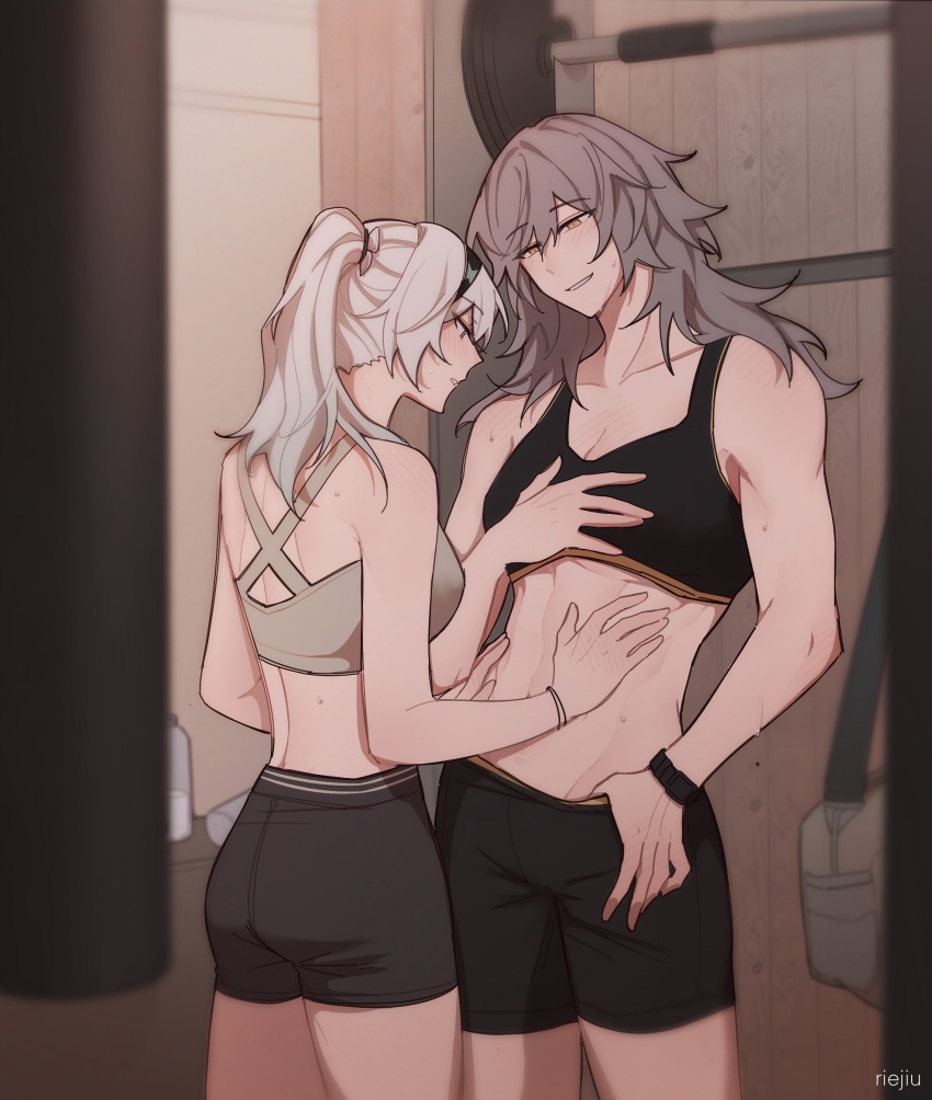 2girls abs artist_name bag barbell black_hairband black_shorts black_sports_bra blush bottle clothes_pull commentary duffel_bag english_commentary finite firefly_(honkai:_star_rail) grey_hair grey_sports_bra gym hairband hand_blush hands_on_another's_stomach highres honkai:_star_rail honkai_(series) long_hair looking_at_another multiple_girls parted_lips ponytail shorts shorts_pull smile sports_bra stelle_(honkai:_star_rail) sweat toned toned_female trailblazer_(honkai:_star_rail) yellow_eyes yuri