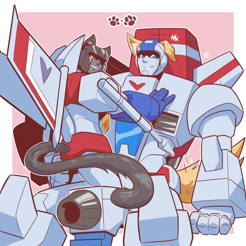 1:1 absurd_res anthro blue_eyes cybertronian duo furry_ears hand_on_chest happy hasbro heart_symbol hi_res humanoid jetfire_(transformer) kusakichan15 leg_grab machine male male/male on_top_of pawpads red_eyes robot robot_humanoid romantic romantic_couple sitting skyfire_(transformer) smile starscream tail takara_tomy thigh_grab transformers wings