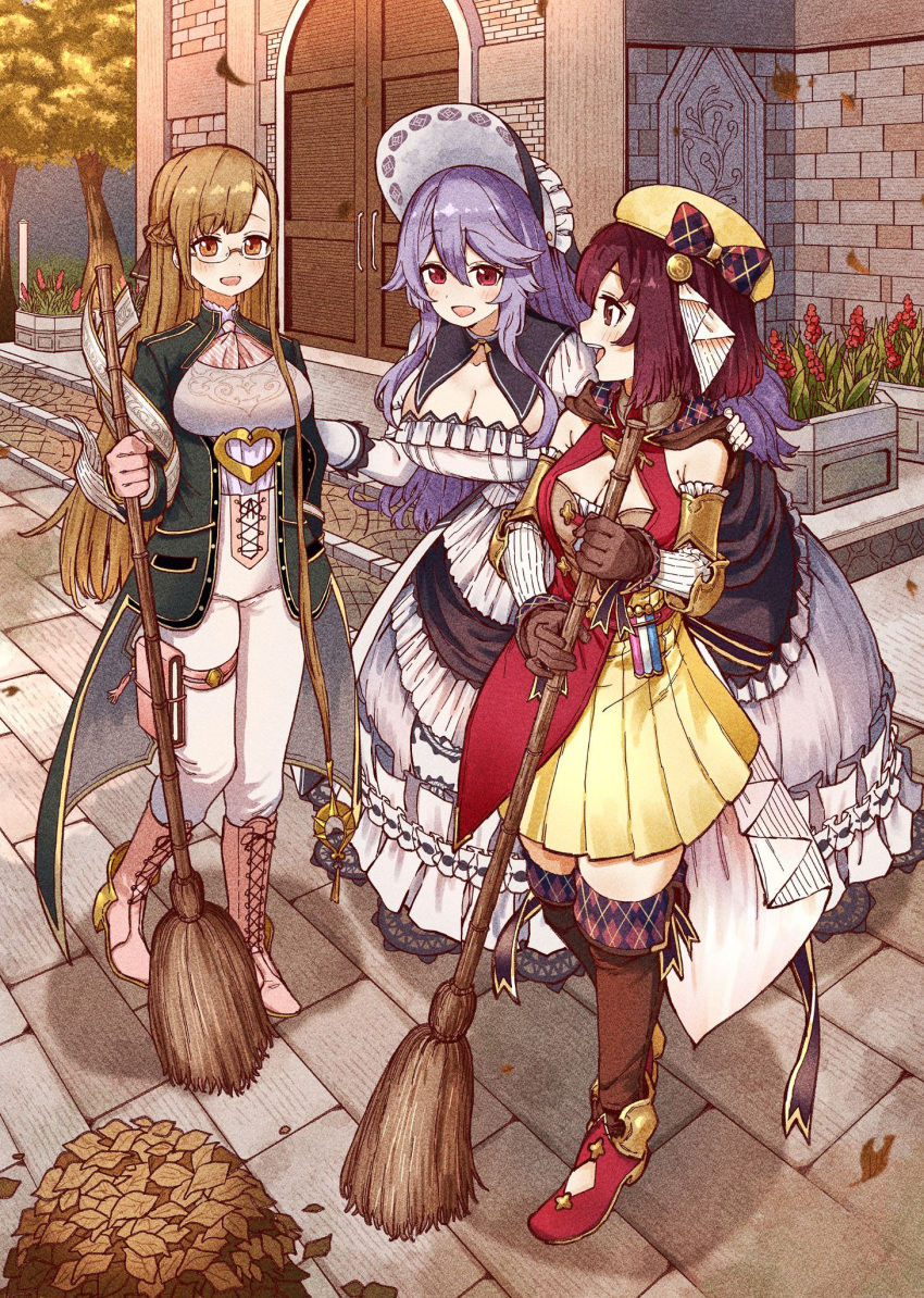 3girls :d atelier_(series) atelier_sophie beret blonde_hair blush bonnet boots bow braid breasts brick_wall broom brown_eyes brown_hair cleavage cleavage_cutout clothing_cutout coat commentary cross-laced_footwear door dot_nose dress frilled_dress frills full_body glasses green_coat hat hat_bow highres holding holding_broom large_breasts long_dress long_hair looking_at_another medium_breasts medium_dress monika_ellmenreich multiple_girls official_alternate_costume open_mouth outdoors over-kneehighs pamela_ibis pants pink_footwear purple_hair red_dress red_eyes red_footwear short_hair smile sophie_neuenmuller sophie_neuenmuller_(grandma's_clothes) standing teeth thighhighs two-tone_dress upper_teeth_only very_long_hair white_dress white_pants yellow_dress yellow_hat yurai0739