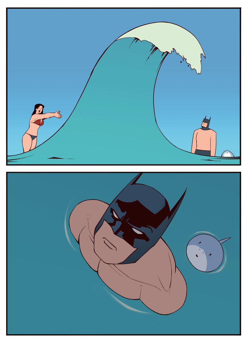 angry angry_expression angry_eyes angry_face batman beach bikini bikini_bottom bikini_top black_hair bonnymama7 bruce_wayne dc dc_comics diana_prince long_hair mask masked masked_male serious serious_face serious_look shark superhero superheroine wave wonder_woman