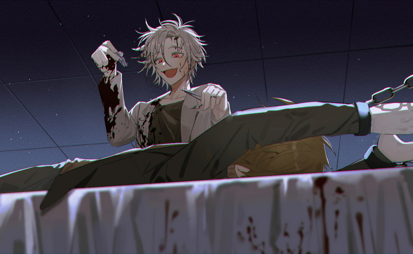 2boys atou_haruki bad_end black_jacket black_pants black_shirt blonde_hair blood blood_on_clothes brown_shirt chains chromatic_aberration cuffs glint grey_hair handcuffs holding_tweezers indoors jacket kagero_(oshikawaii) kanou_aogu lab_coat lapels lying male_focus multiple_boys notched_lapels on_back open_clothes open_mouth pants peril red_eyes restrained saibou_shinkyoku shirt short_hair smile tweezers