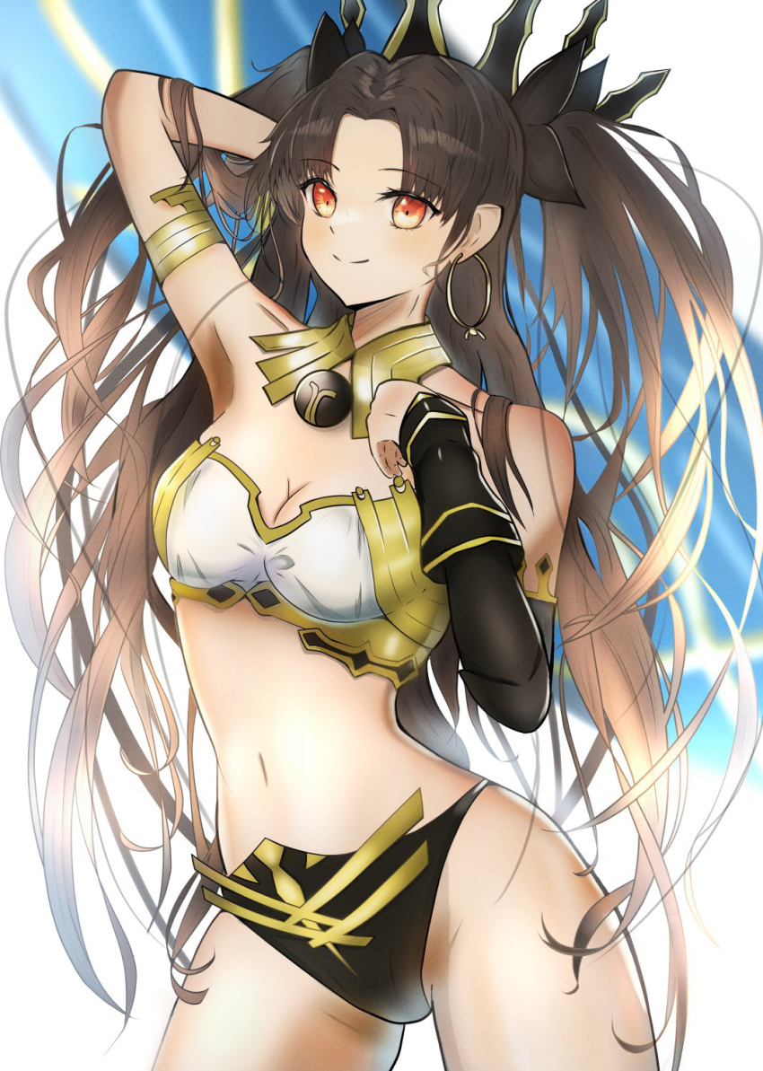 arm_up armlet bare_shoulders bikini black_hair black_thighhighs blush bracelet breasts detached_sleeves earrings fate/grand_order fate_(series) female gold_trim hair_ribbon heavenly_boat_maanna highres hoop_earrings ishtar_(fate) jewelry long_hair looking_at_viewer medium_breasts mismatched_bikini neck_ring orange_eyes parted_bangs ribbon single_detached_sleeve single_thighhigh smile solo swimsuit thighhighs thighs tiara two_side_up umi_endu weapon