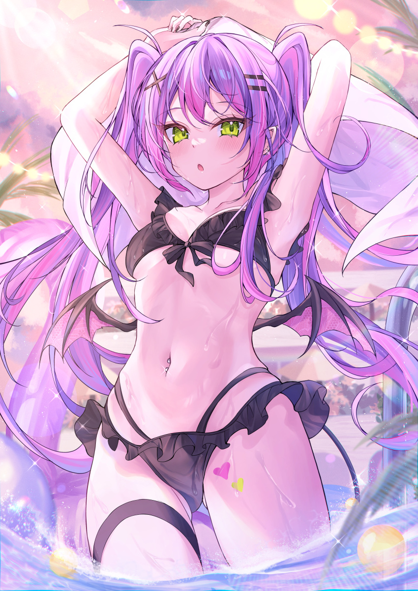 :o absurdres arms_behind_head arms_up bikini black_bikini blush breasts demon_girl demon_wings female frilled_bikini frills green_eyes hair_ornament hairclip highres hololive long_hair looking_at_viewer navel navel_piercing outdoors piercing purple_hair ririge small_breasts swimsuit thigh_strap tokoyami_towa twintails virtual_youtuber wet wings