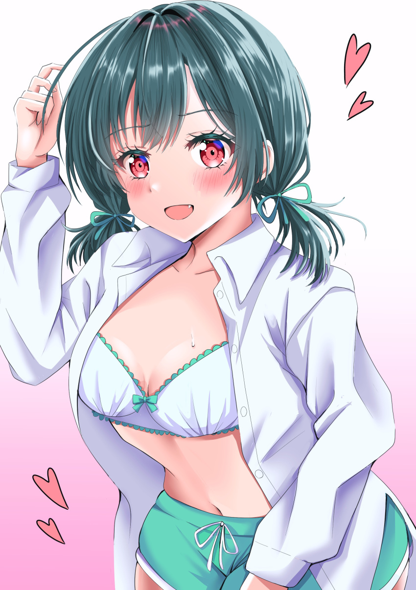 :d absurdres arm_up blush bow bow_bra bra breasts cleavage collared_shirt commentary_request cowboy_shot dolphin_shorts dress_shirt female gradient_background green_hair green_ribbons green_shorts hair_ribbon heart highres lace-trimmed_bra lace_trim looking_at_viewer love_live! love_live!_nijigasaki_high_school_idol_club low_twintails medium_breasts meimaru mifune_shioriko navel oerba_yun_fang official_alternate_costume open_clothes open_mouth open_shirt pink_background red_eyes ribbon shirt short_hair shorts smile solo stomach tokimeki_no_mirai_chizu twintails two-tone_background underwear white_background white_bra white_shirt