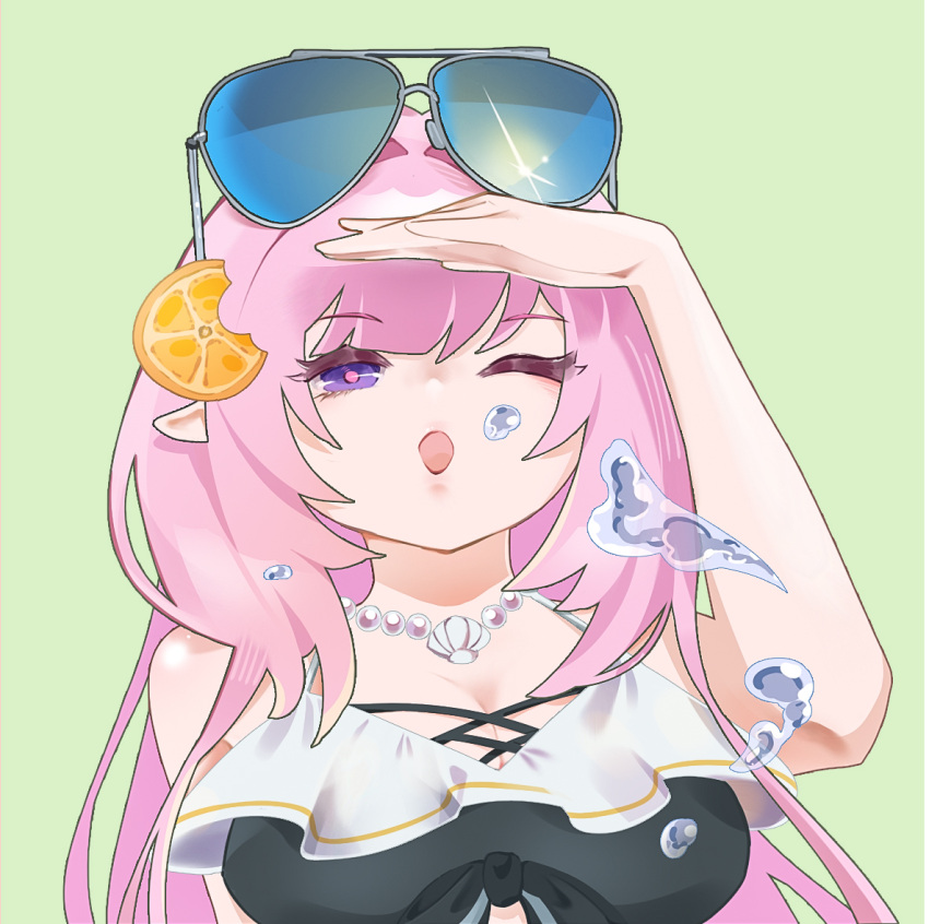 ;o bead_necklace beads breasts cleavage elysia_(honkai_impact) eyewear_on_head female food-themed_hair_ornament green_background hair_intakes hair_ornament hand_up honkai_(series) honkai_impact_3rd jewelry large_breasts necklace one_eye_closed open_mouth orange_hair_ornament pink_hair pointy_ears purple_eyes simple_background solo sunglasses thoyadoggy upper_body