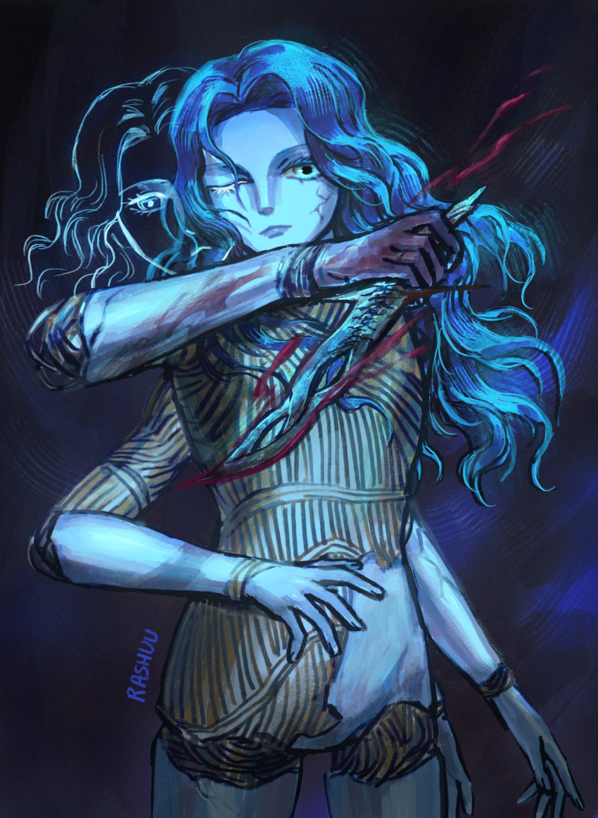 artist_name blood blood_on_arm blue_background blue_eyes blue_hair blue_lips blue_skin colored_skin commentary doll doll_joints elden_ring english_commentary extra_arms extra_faces female highres holding holding_weapon joints long_hair one_eye_closed ranni_the_witch rashuu solo standing string twitter_username wavy_hair weapon