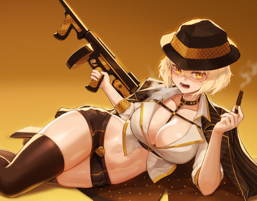 between_breasts black_collar black_hat black_jacket black_shorts black_thighhighs blonde_hair breasts chest_harness cigar cleavage collar crop_top curvy elbow_rest fedora female gold_trim gun hair_between_eyes harness hat he-ro_(vtuber) highres holding holding_cigar holding_gun holding_weapon indie_virtual_youtuber jacket jacket_on_shoulders large_breasts looking_at_viewer lying mafia mistcastle navel on_side open_mouth pinstripe_jacket pinstripe_pattern pinstripe_shorts shirt short_hair short_shorts shorts smoke smoking solo stomach submachine_gun thick_thighs thighhighs thighs thompson_submachine_gun virtual_youtuber weapon white_shirt wing_collar yellow_eyes